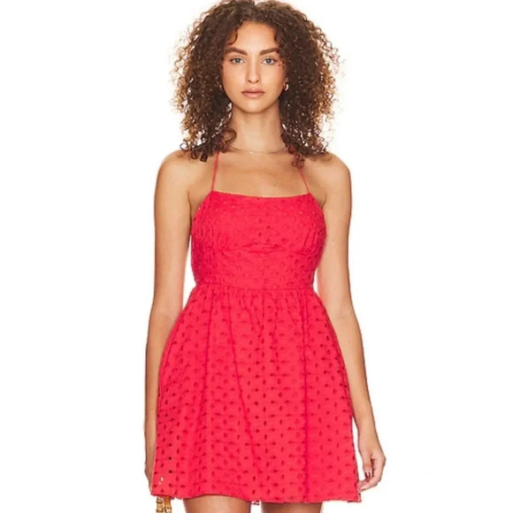 Show me your MUMU orange/red eyelet fit/flare strappy Mini Dress NWT size Medium - Picture 2 of 10